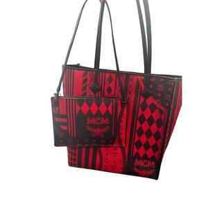 MCM Kira Baroque Tote*Red Black*North South Tote*with Pouch! with COA